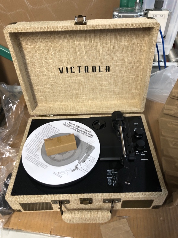 Photo 2 of Victrola Vintage 3-Speed Bluetooth Portable Suitcase Record Player with Built-in Speakers | Upgraded Turntable Audio Sound| Includes Extra Stylus | Light Beige Linen