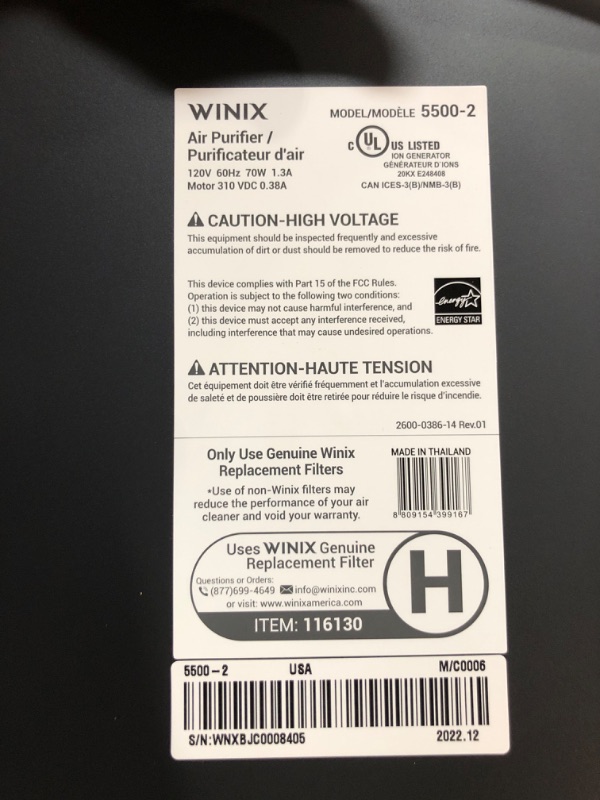 Photo 2 of *NEW**Winix 5500-2 Air Purifier with True HEPA, PlasmaWave and Odor Reducing Washable AOC Carbon Filter Medium , Charcoal Gray