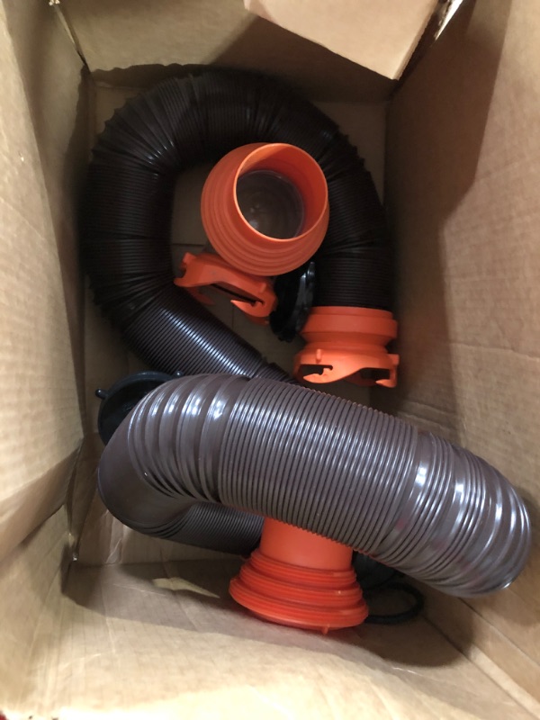 Photo 2 of Camco RhinoFLEX RV Sewer Hose Kit with Swivel Transparent Elbow and 4-in-1 Dump Station Fitting, Brown, 15 Feet 