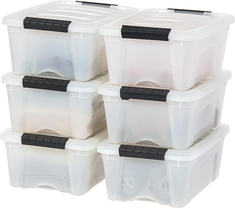 Photo 1 of **MISSING ONE LATCH** IRIS USA, Inc. TB-42 12 Quart Stack & Pull Box, Multi-Purpose Storage Bin, 6 Pack, Pearl & USA CNL-5 Storage Box, 5 Quart, Clear, 20 Pack 12 Quart 6 Pack