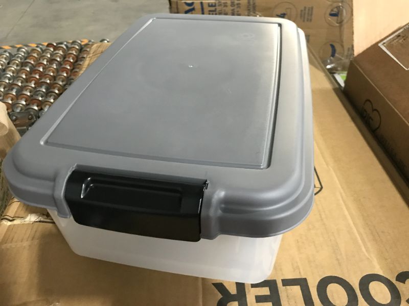Photo 1 of **SEE NOTES**
IRIS USA 3-Piece 35 Lbs / 45 Qt WeatherPro Airtight Pet Food Storage Container Combo with Scoop and Treat Box for Dog Cat and Bird Food, Keep Pests Out, Translucent Body, Easy Mobility, Dark Gray 3-Piece / 35 Lbs - 45 Qt Dark Gray