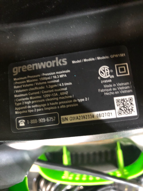 Photo 4 of * not functional * sold for parts * repair * 
Greenworks 1500 PSI 1.2 GPM Pressure Washer 