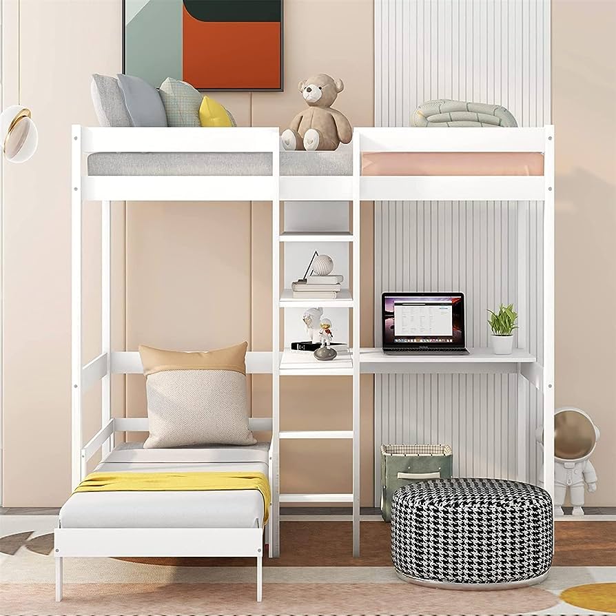 Photo 1 of **BOX 2 of 3/FOR PARTS ONLY**
MERITLINE Twin Loft Bed with Desk,Wooden Twin Bunk Bed with Desk and Bookshelf,Convertible Loft Bed for Kids Girls Boys Teens Bedroom, No Spring Needed, White