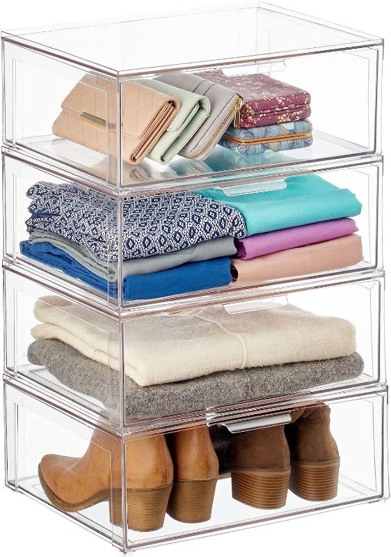 Photo 1 of ***ONE BROKEN/UNUSABLE** mDesign Plastic Stackable Closet Storage Organizer Bin - 8 Pack - Clear 8 8 x 12 x 4