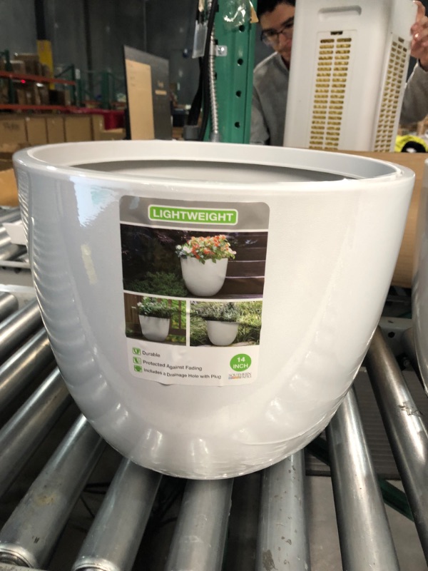 Photo 3 of  White plastic Planter, Outdoor Indoor Modern Round Plant Pots, Lightweight, 