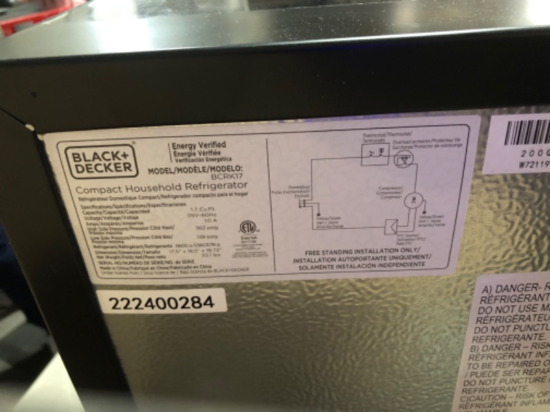 Photo 5 of ***NONFUNCTIONAL - SEE NOTES***
BLACK+DECKER BCRK17B Compact Refrigerator Energy Star Single Door