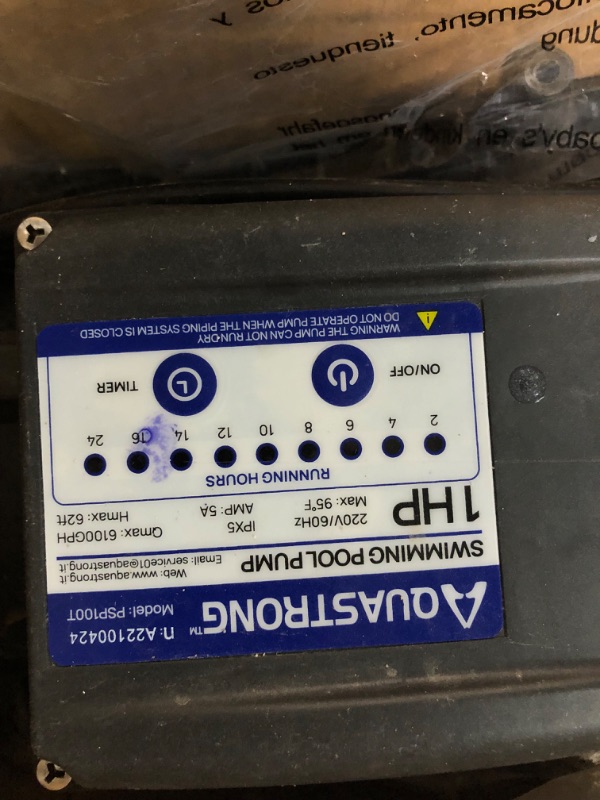 Photo 1 of **SEE NOTES**
Aquastrong 1 HP In/Above Ground Single Speed Pool Pump, 115V, 6100GPH, High Flow