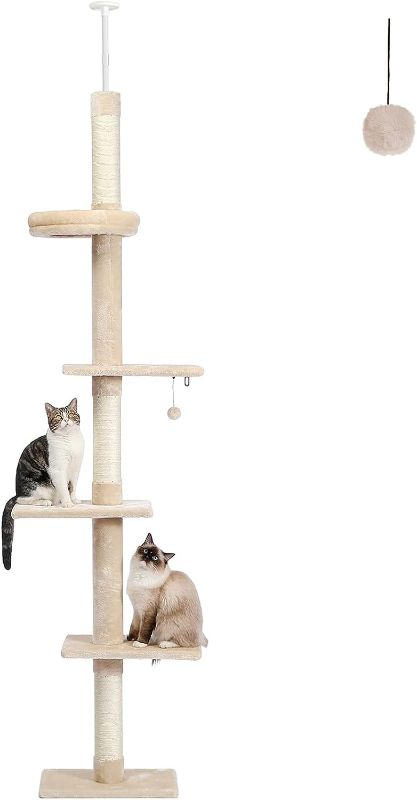 Photo 1 of 
PETEPELA Cat Tower 5-Tier Floor to Ceiling Cat Tree Height(95-107 Inches) Adjustable, Tall Cat Climbing Tree Featuring with Scratching Post, Cozy Bed,Interactive Ball Toy for Indoor Cats/Kitten Beige