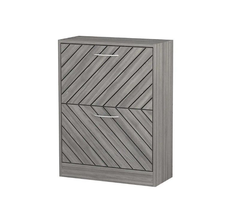 Photo 1 of Gray 12-Pair Shoe Storage Cabinet with 2-Drawers and 4-Compartments and Wood Grain
