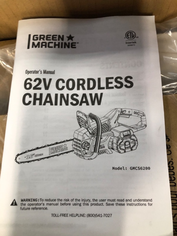 Photo 4 of Green Machine 62V Brushless 16 in. Cordless Battery Chainsaw Auto-tensioning system, easy trigger start with 4 Ah Battery and Charger