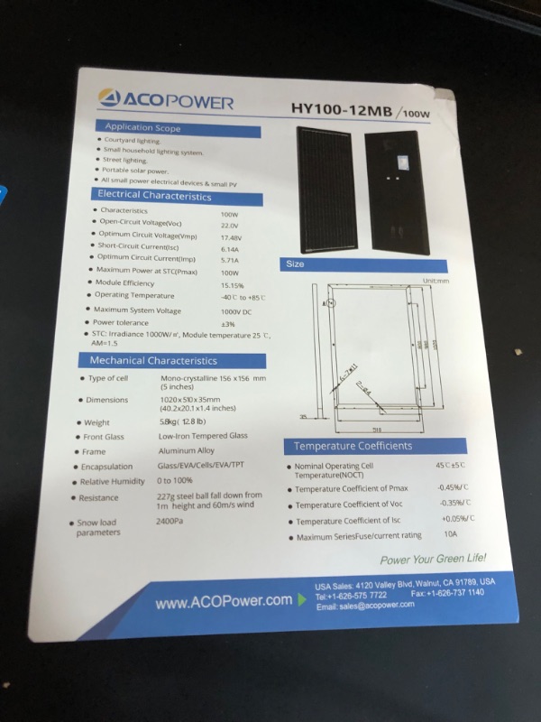 Photo 5 of ACOPOWER 100w 12v Monocrystalline Solar Panel Module with Connector (Panel Only, Compact Design) 100W Single Panel 0 Ah