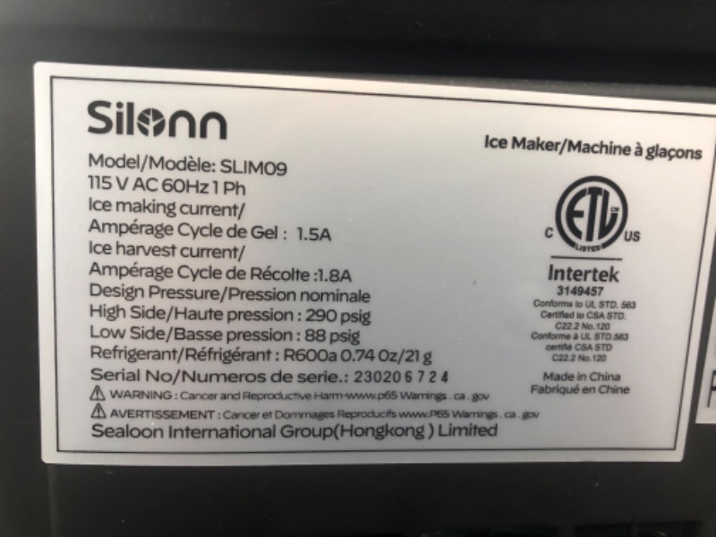 Photo 4 of *PARTS ONLY SEE NOTES*
Silonn Countertop Ice Maker, 9 Cubes Ready in 6 Mins, 26lbs in 24Hrs,(SLIM09) Black