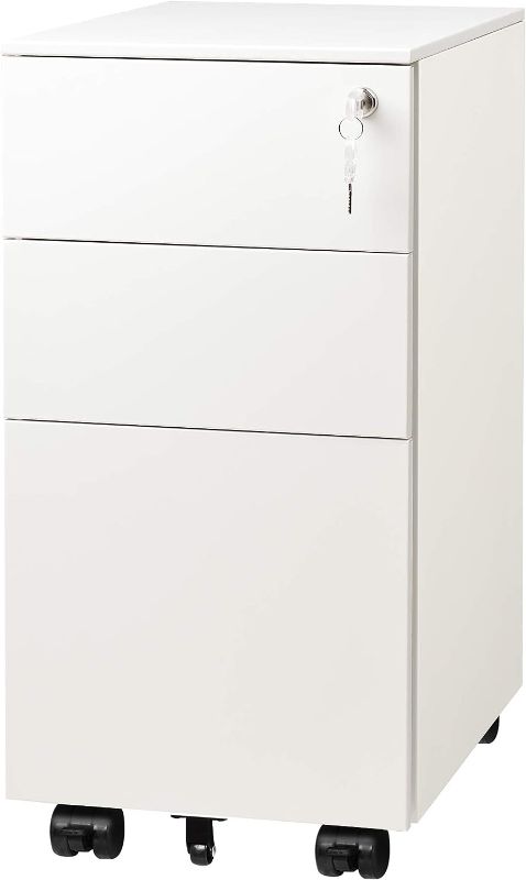 Photo 1 of 3 Drawer Vertical File Cabinet, Mobile Filing Cabinet with Slim Width for Home Office, White