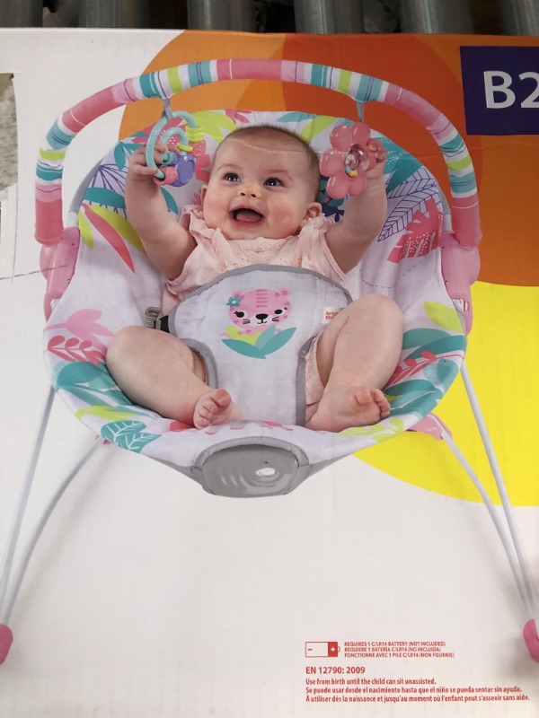 Photo 4 of Bright Starts Flamingo Vibes 3-Point Harness Harness Vibrating Baby Bouncer with Toy bar