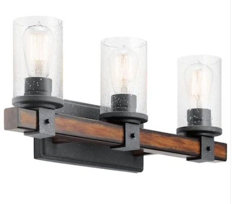 Photo 1 of ***NO GLASS COVERS OR LIGHT BULBS INCLUDED***
Kichler Barrington 22-in 3-Light Distressed Black and Wood Tone Rustic Vanity Light