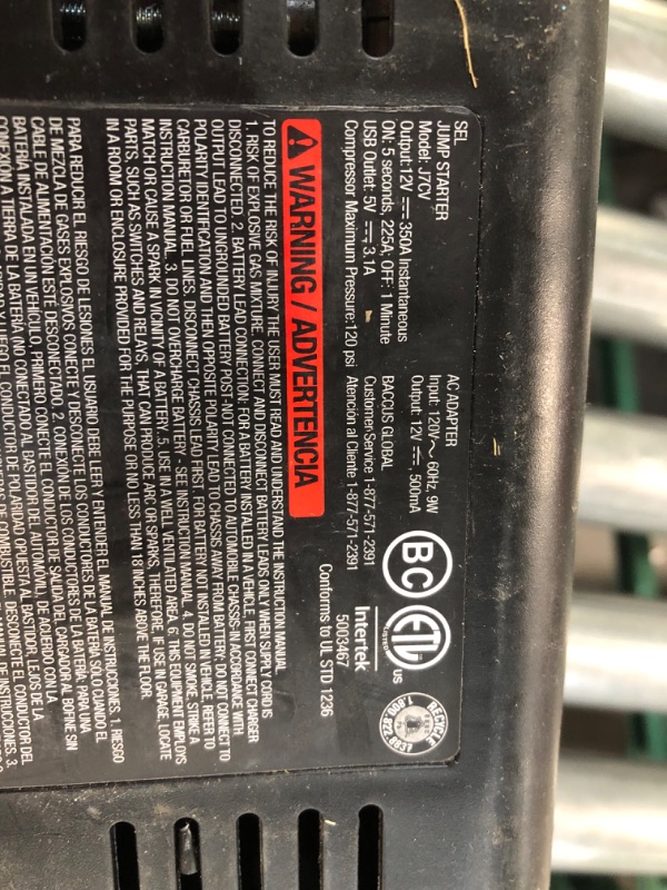 Photo 6 of *USED* PARTS ONLY* 800 Peak Amp Jump Starter, 120 PSI Air Compressor, Three USB Charging Ports, Rechargeable