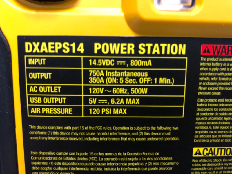 Photo 2 of (USED AND POWER WORKS BUT NOT ABLE TO TEST THE CAR CABLES) DEWALT DXAEPS14 1600 Peak Battery Amp 12V Automotive Jump Starter/Power StationYellow
