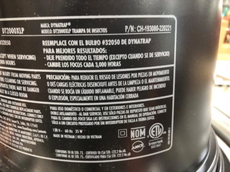 Photo 6 of ***FAN SPINS BUT LIGHT DOES NOT LIGHT UP - NONFUNCITONAL - FOR PARTS***
DynaTrap DT2000XLPSR Large Mosquito & Flying Insect Trap Protects up to 1 Acre Black 