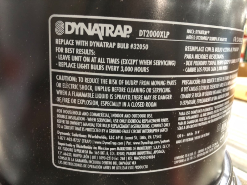 Photo 5 of ***FAN SPINS BUT LIGHT DOES NOT LIGHT UP - NONFUNCITONAL - FOR PARTS***
DynaTrap DT2000XLPSR Large Mosquito & Flying Insect Trap Protects up to 1 Acre Black 