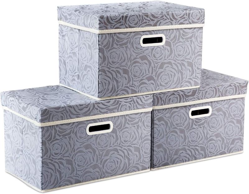 Photo 1 of ***USED*** PRANDOM Collapsible Storage Boxes with Lids Fabric Decorative Storage Bins Cubes Organizer Containers Baskets with Cover Handles Divider for Bedroom Closet Living Room 14.9x9.8x9.8 Inch 3 Pack
