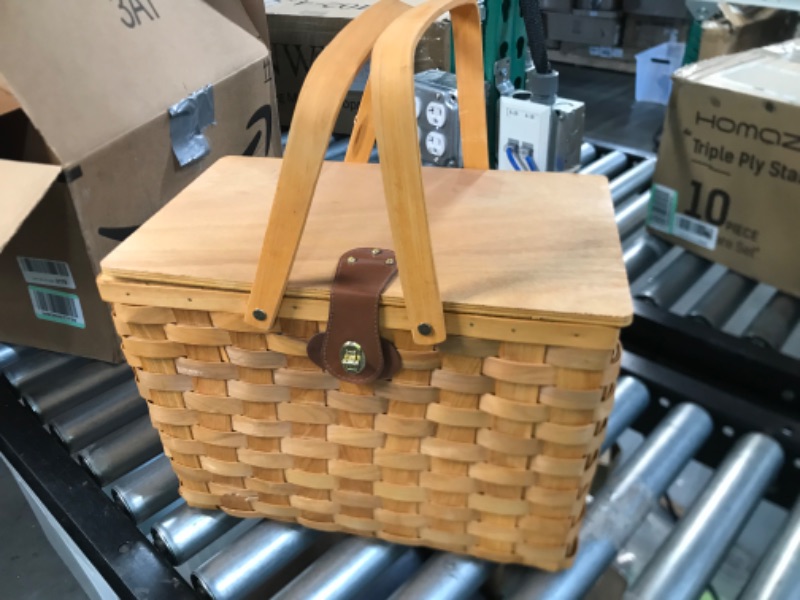 Photo 2 of ***USED/DAMAGED*** Picnic Basket Set for 2 Persons, Handmade Woodchip Basket with Large Insulated Cooler Compartment, Wooden Lid & Cutlery Service Kit