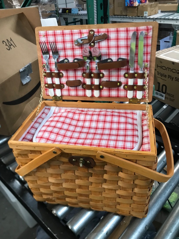 Photo 4 of ***USED/DAMAGED*** Picnic Basket Set for 2 Persons, Handmade Woodchip Basket with Large Insulated Cooler Compartment, Wooden Lid & Cutlery Service Kit