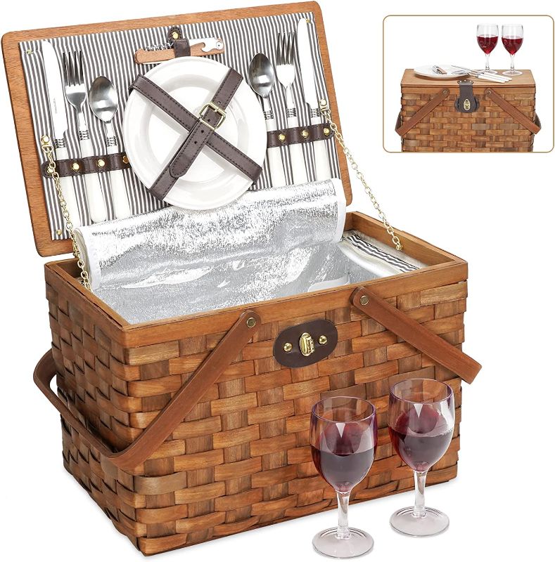 Photo 1 of ***USED/DAMAGED*** Picnic Basket Set for 2 Persons, Handmade Woodchip Basket with Large Insulated Cooler Compartment, Wooden Lid & Cutlery Service Kit