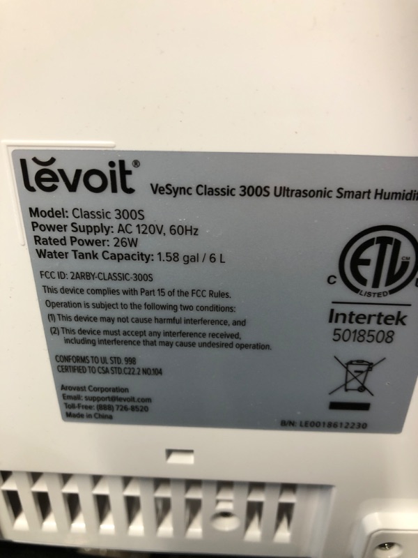 Photo 3 of *NON FUNCTIONAL* LEVOIT Humidifier Smart Wifi Alexa Control, 6L, Blue *USE FOR PARTS*