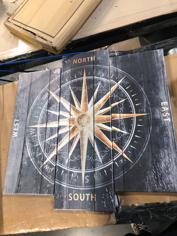 Photo 2 of [Minor Damage] Zlove 5 Pieces Vintage Grey and Gold Canvas Wall Art Nautical Compass Directions 