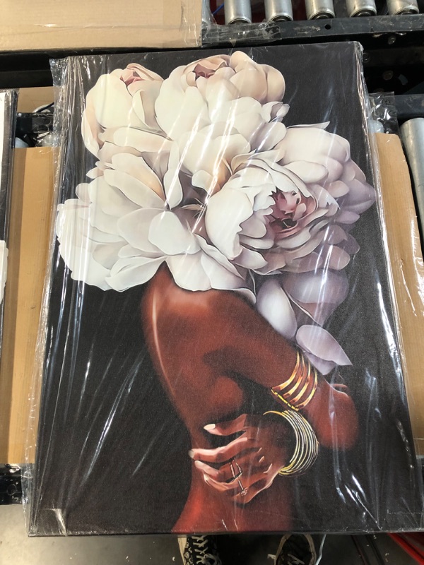 Photo 2 of [Factory Sealed] African American Wall Art White Flower on Black Women Head - White (20x30inch)