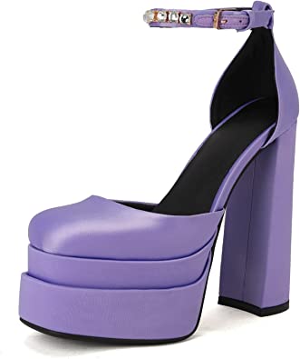 Photo 1 of *Used/Minor Wear on Soles* THESHY Womens Platform Chunky High Block Heels Ankle Strap Buckles, Size 6 Purple