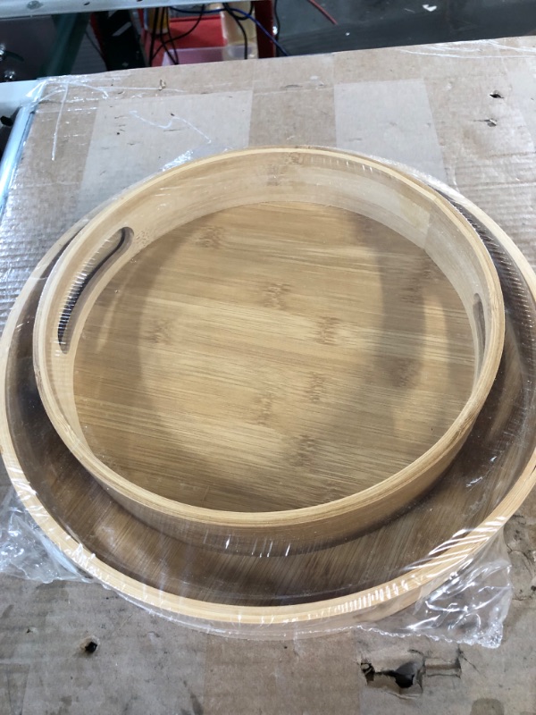 Photo 2 of **see notes**
Jucoan 2 Pack Bamboo Serving Tray with Handle, 10 &12 Inch Round Bamboo Serving Tray