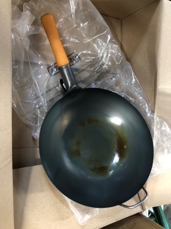 Photo 3 of ***USED*** YOSUKATA Carbon Steel Wok Pan – 13,5 “ Woks and Stir Fry Pans - Chinese Wok with Flat Bottom Pow Wok - Traditional Chinese Japanese Woks - Black Steel Wok 13.5" Black