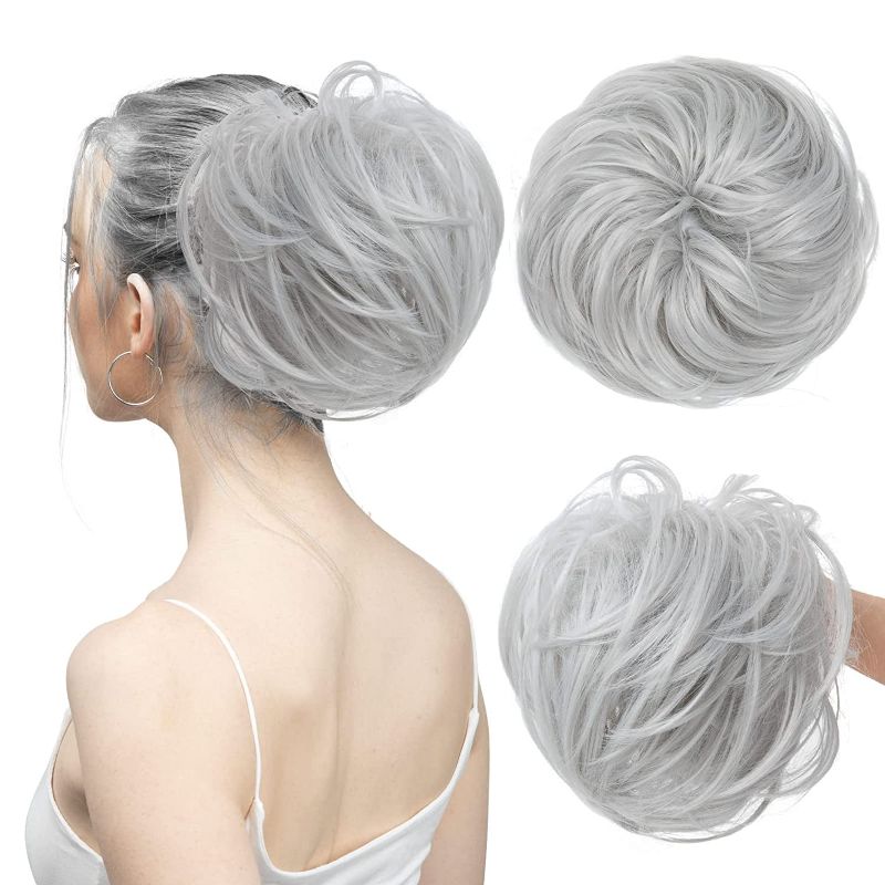 Photo 1 of (2x) SARLA Messy Bun Hair Piece Updo Scrunchies Bun Extension - Silver Grey