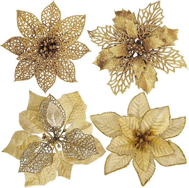 Photo 1 of 24 Pcs 4 Styles Christmas Gold Metallic Mesh Glitter Artificial Poinsettia Flower Stems