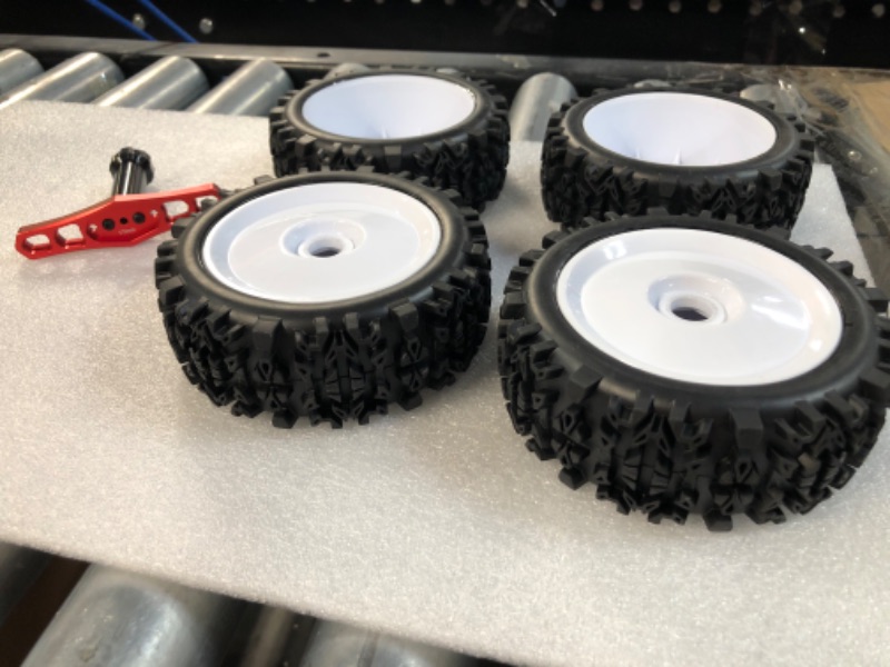 Photo 3 of Hobbyfire PreGlued 1/8 Buggy Tires 17mm Wheels Foam Inserts w/ 17mm Wheel Wrench, Set of 4 (White Rims)