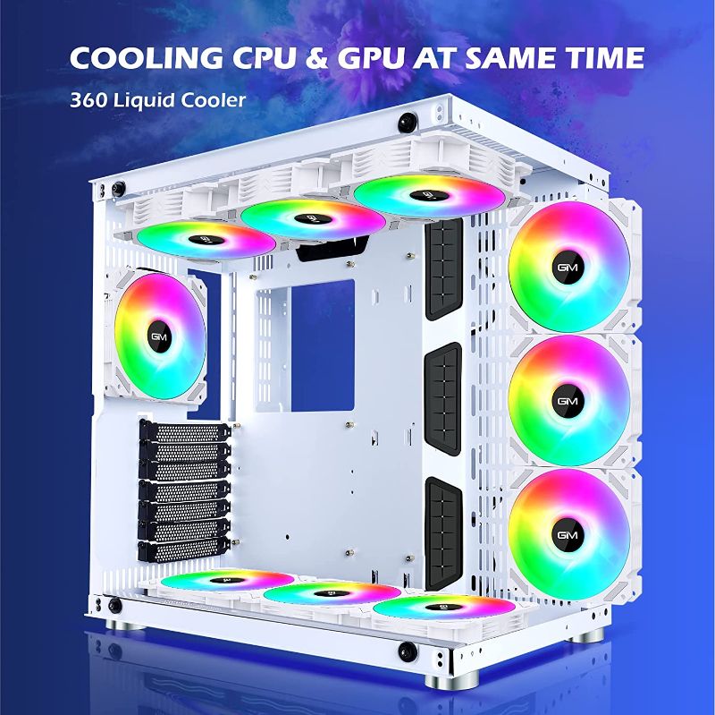 Photo 1 of GIM ATX Mid-Tower PC Case White 10 Pre-Installed 120mm RGB Fans, 2 Tempered Glass Panels, USB 3.0 I/O Port, Water-Cooling Ready