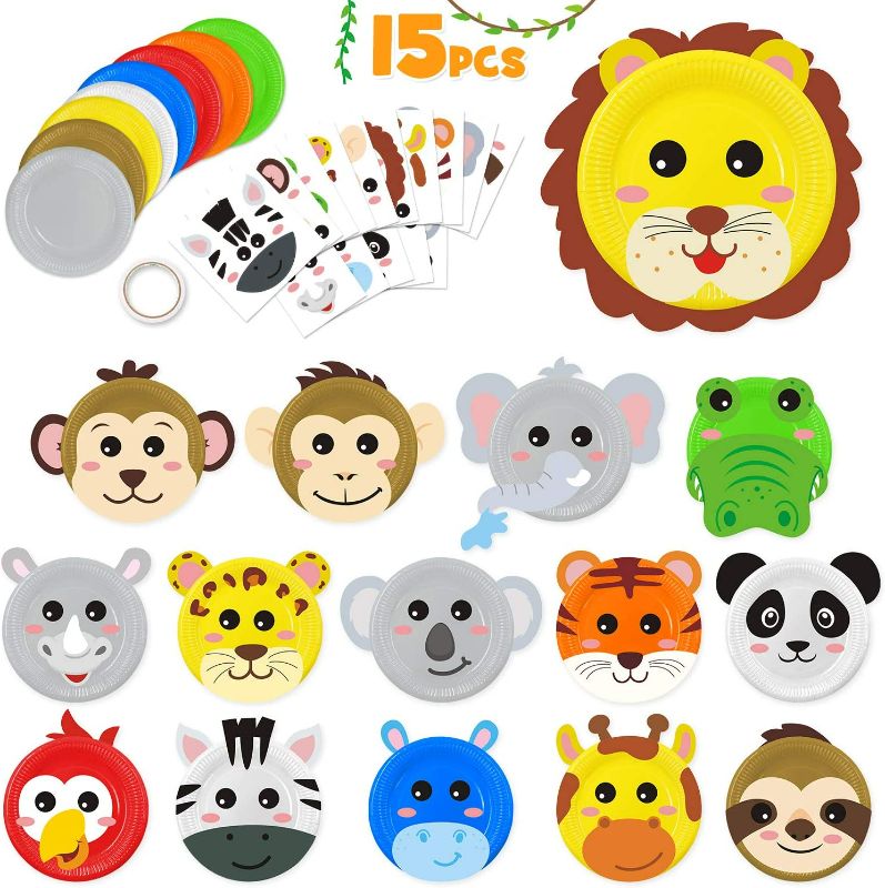 Photo 1 of 15pcs Paper Plate Art Kit for Kids Toddler Crafts Safari Jungle Animals Art Kits Simple DIY Animals Paper Plate for Boys Girls Craft Parties Groups and Classroom