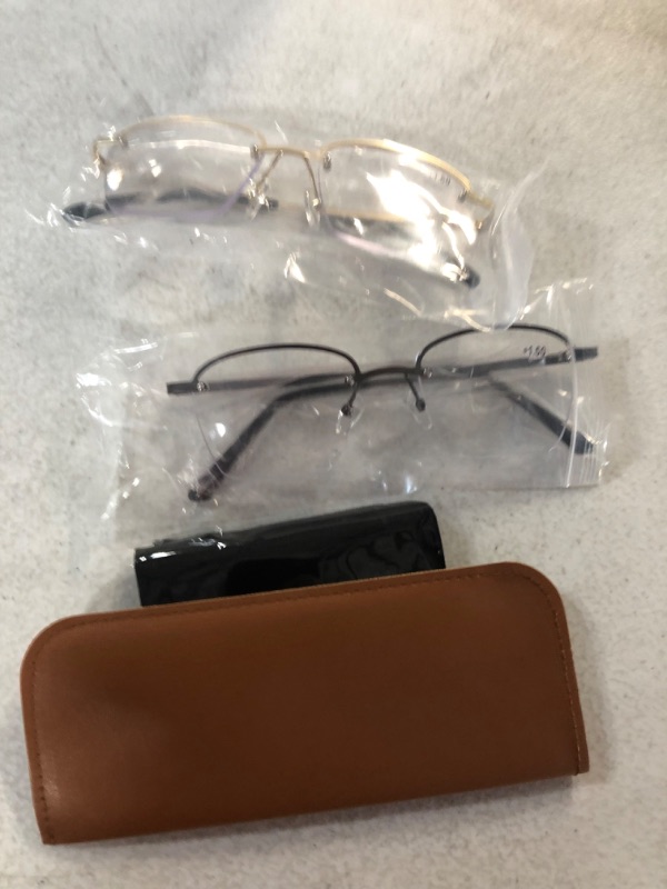 Photo 1 of **SEE NOTES**
2 Pack Half Moon Shaped Frame Reading Glasses Spring Hinge Flat Top Slim Frame Men Women Half Frame Reading Glasses with Pouch Gold +1.75