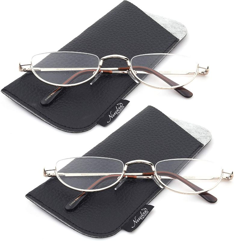 Photo 1 of **SEE NOTES**
2 Pack Half Moon Shaped Frame Reading Glasses Spring Hinge Flat Top Slim Frame Men Women Half Frame Reading Glasses with Pouch Gold +1.75