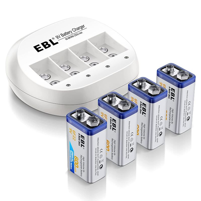 Photo 1 of **SEE NOTES**
EBL 4 Bay 9V Lithium-ion Battery Charger with 4 Packs 600mAh 9V Li-ion Rechargeable Batteries