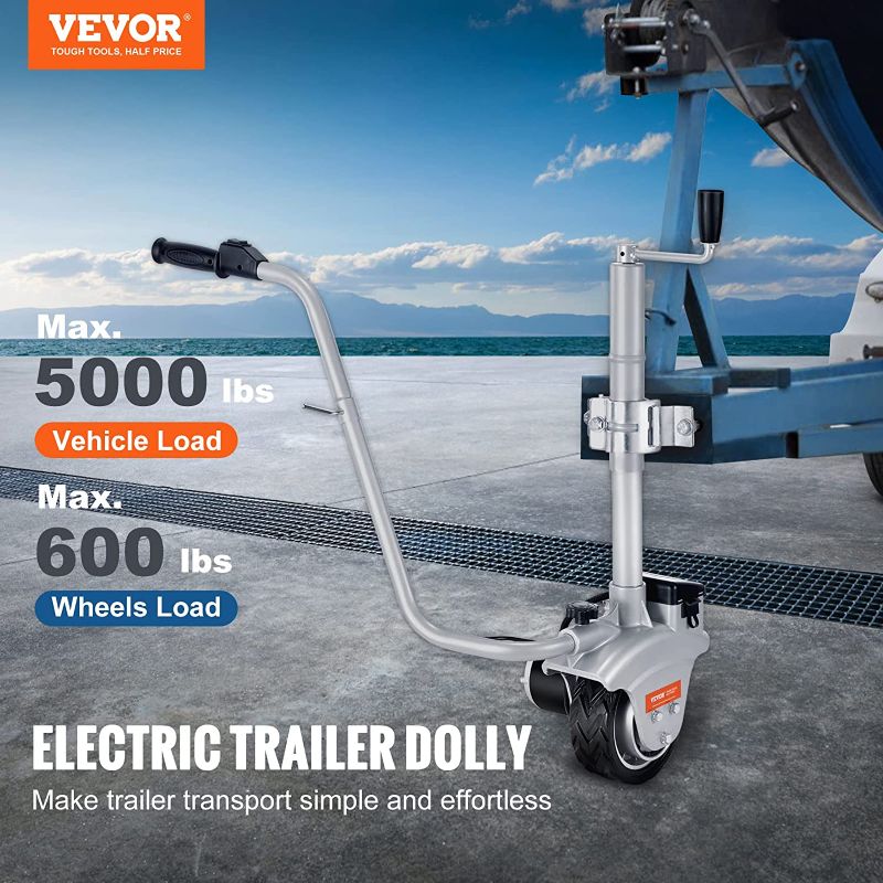 Photo 1 of VEVOR Electric Trailer Dolly, 5000lbs Towing Capacity, 350W 12V Trailer Jockey Wheel with 22 ft/min Moving Speed, 12''-24.8'' Adjustable Clamp Height & 8'' Rubber Tire