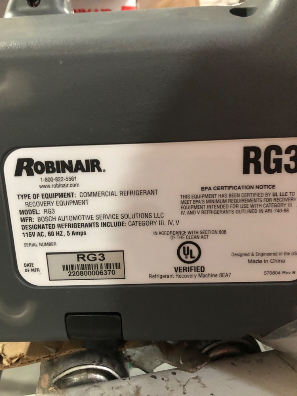 Photo 3 of Robinair (RG3 Portable Refrigerant Recovery Machine – 115V, 60Hz, for Both Liquid and Vapor Refrigerant, White