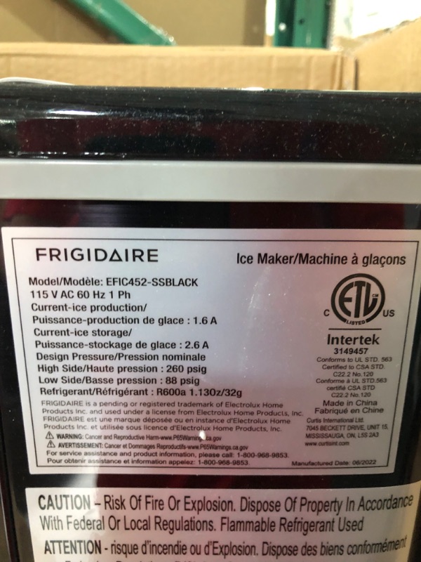 Photo 4 of Frigidaire EFIC452-SSBLACK XL Maker, Makes 40 Lbs. of Clear Square Ice Cubes per Day