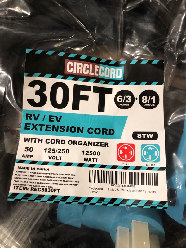 Photo 2 of CircleCord 50 Amp 30 Feet RV/EV Extension Cord, Heavy Duty 6/3+8/1 Gauge - BLUE