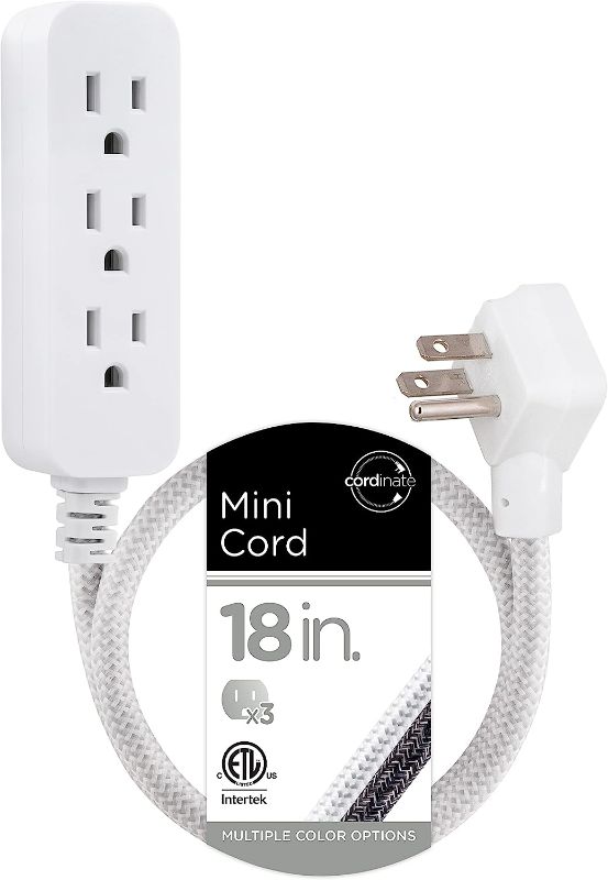 Photo 1 of [Notes] Cordinate Designer Mini 3-Outlet Power Strip, 18 In Braided Extension Cord, (2FT) White
