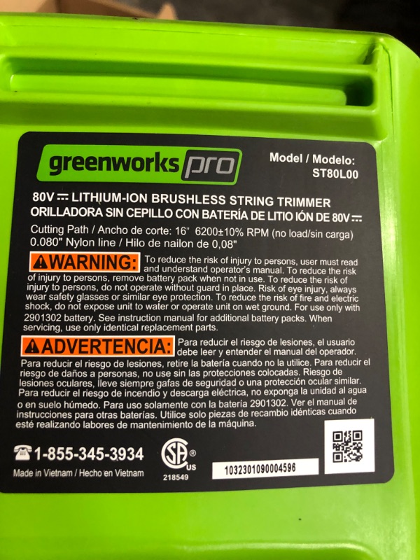 Photo 6 of *SEE NOTES* Greenworks PRO 16-Inch 80V Cordless String Trimmer, Battery Not Included ST80L00 Tool Only String Trimmer String Trimmer