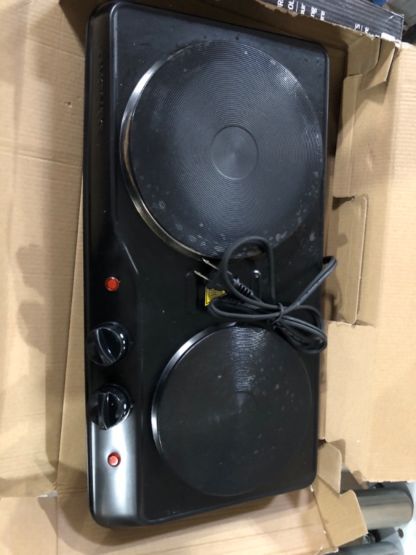 Photo 1 of OVENTE Electric Countertop Double Burner, 1700W Cooktop with 7.25 and 6.10 Inch Cast Iron Hot Plates,Temperature Control, Portable Cooking Stove and Easy to Clean Stainless Steel Base, Black BGS102B Black Double