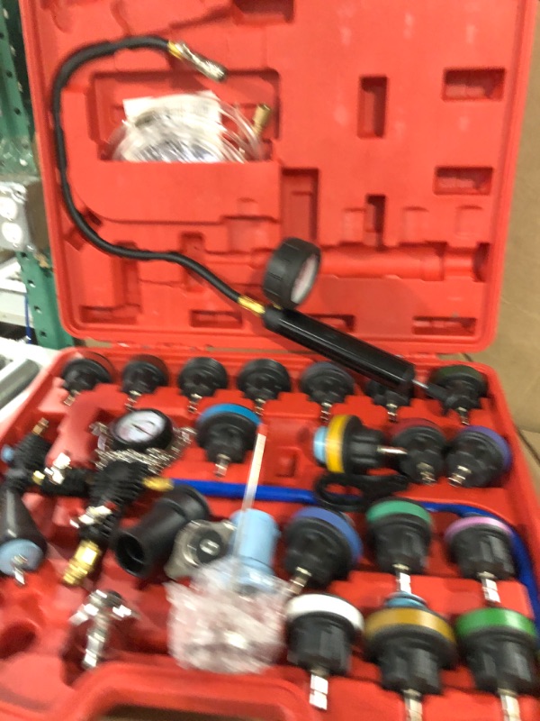 Photo 1 of JIFETOR Radiator Pressure Tester Coolant Vacuum Refill Kit, 28PCS Cooling System Leak Test Pneumatic Purge Fill Tool Set, Universal for Automotive Airlift Truck Auto Compatible with BMW GM Audi Dodge Red Case