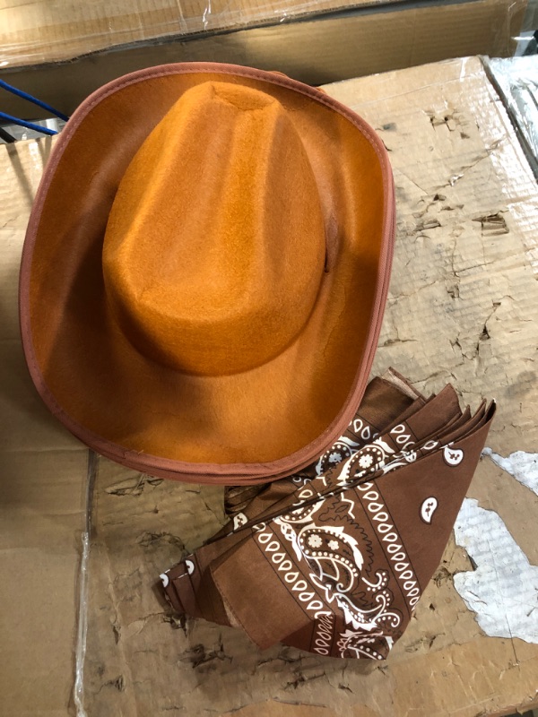 Photo 2 of 12 Pcs Adult Cowboy Hat Western Cowgirl Hats with Adjustable Drawstring and Cowboy Party Paisley Bandana Bronze